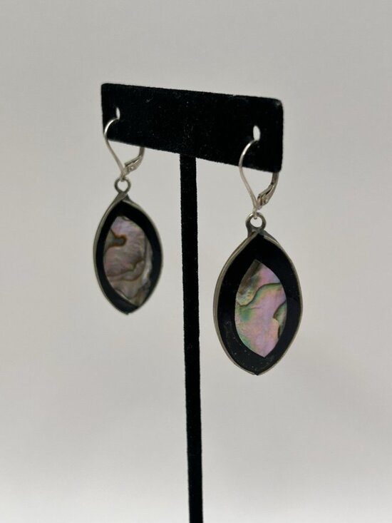 alpaca Jewelry - Vintage Abalone Shell Inlay Dangle Earrings 925 Sterling Silver Black Oval
